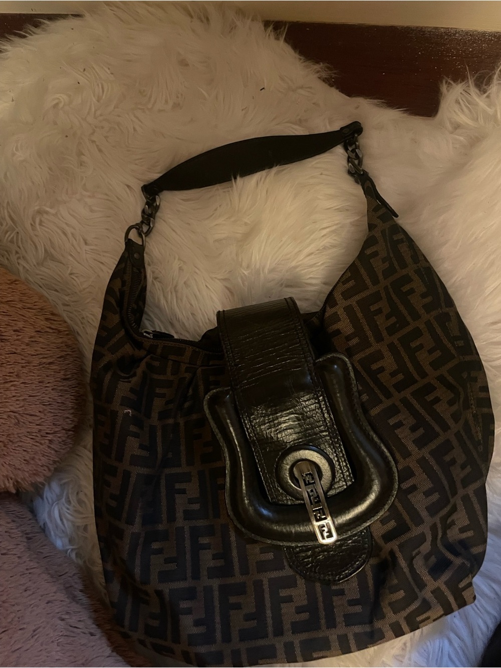 Fendi Brown and Black FF Logo Shoulder Hobo